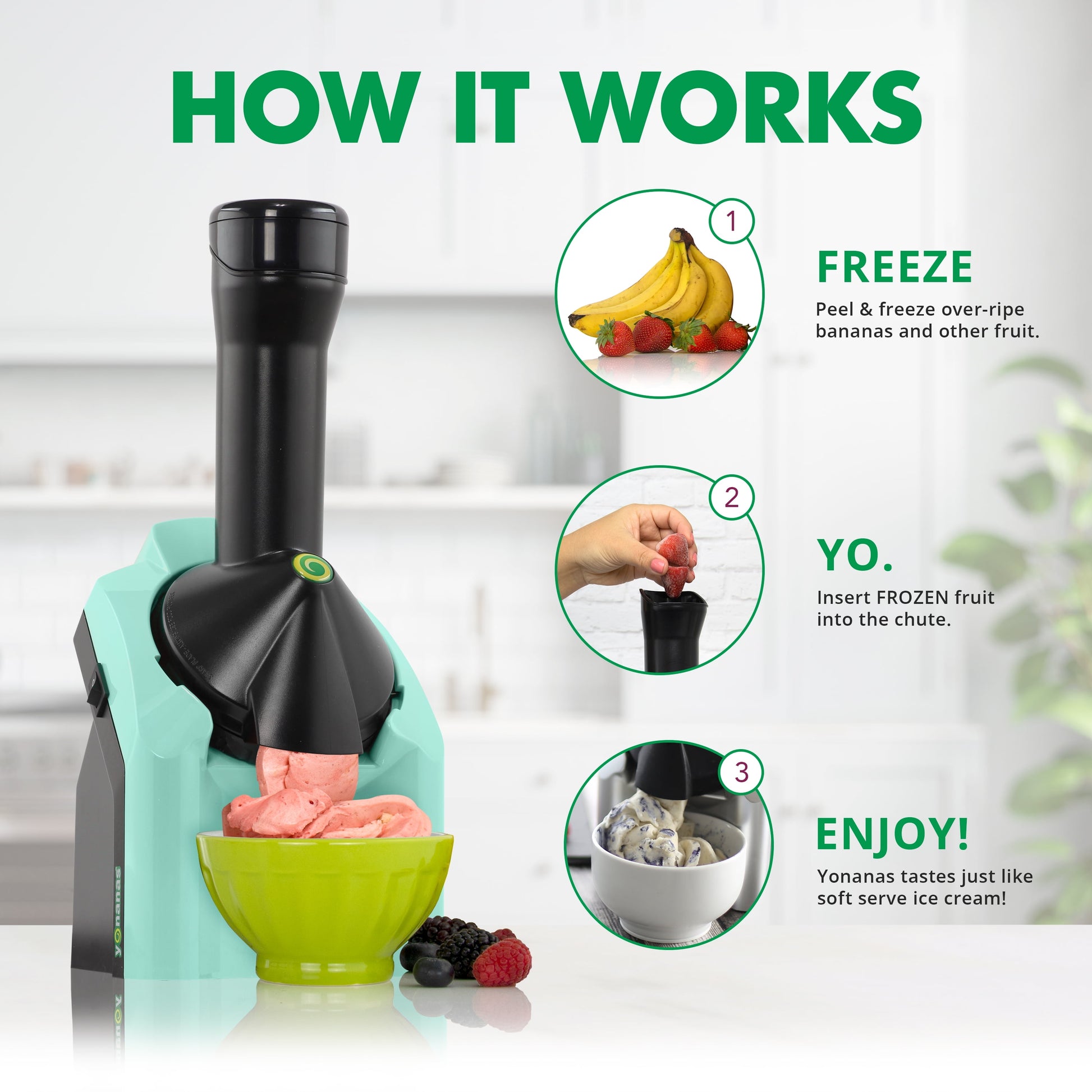 Classic Vegan Non-Dairy Frozen Fruit Soft Serve Dessert Maker with 36 Recipe Book, in Mint