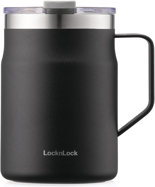 Metro Mug Premium 18/8 Stainless Steel Double Wall Insulated with Handle Perfect for Table with Lid, Black, 16 Oz