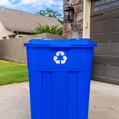 45 Gal. Blue Outdoor Vented Recycling Trash Can with Wheels, Attached Lid, Rounded Handles, and Reinforced Foothold