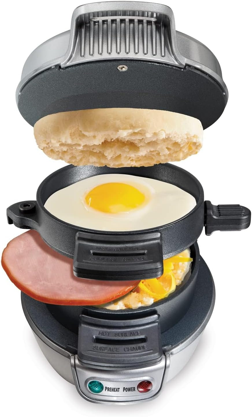 Breakfast Sandwich Maker with Egg Cooker Ring, Customize Ingredients, Perfect for English Muffins, Croissants, Mini Waffles, Perfect White Elephant Gifts, Silver (25475)