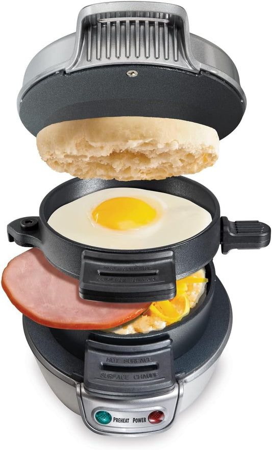 Breakfast Sandwich Maker with Egg Cooker Ring, Customize Ingredients, Perfect for English Muffins, Croissants, Mini Waffles, Perfect White Elephant Gifts, Silver (25475)