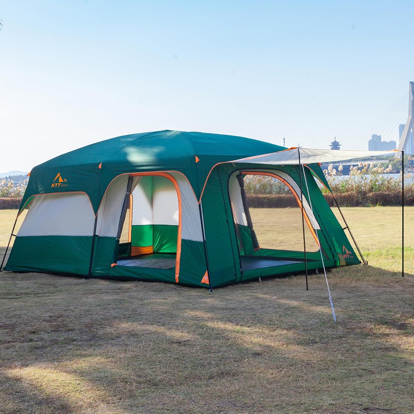 Extra Large Tent 10-12-14 Person(A),Family Cabin Tents,2 Rooms,3 Doors and 3 Windows with Mesh,Straight Wall,Waterproof,Double Layer,Big Tent for Outdoor,Picnic,Camping,Family Gathering