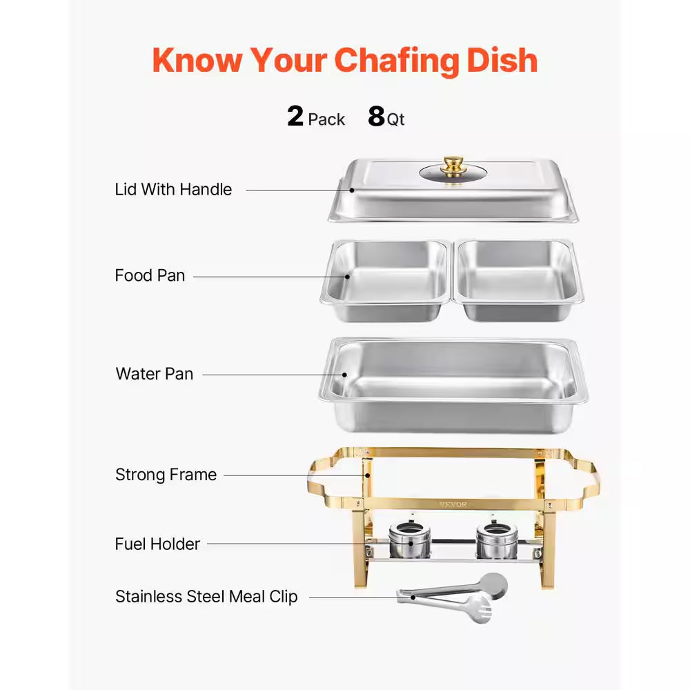8 Qt. Chafing Dish Buffet Set Stainless Chafer with 2 Full & 4 Half Size Pans Rectangle Catering Warmer Server (2- Pack)