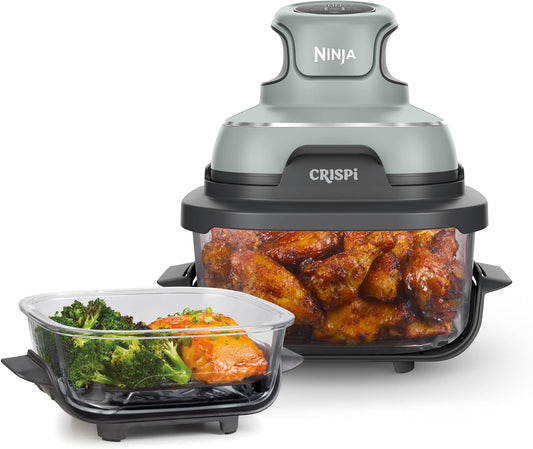 Crispi Air Fryer, Microwave, Freezer & Dishwasher Safe, Non Toxic Glass Portable Cooking System, 4 QT & 6 Cup Glass Containers with Storage Lids, Easy Meals, Air Fry, Bake, Green, FN101SG