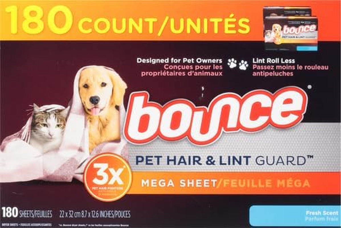 Pet Hair and Lint Guard Fabric Softener Dryer Sheets | Fresh Scent | 3X Pet Hair Fighters | Mega Sheets | 180 Count, Pack of 3