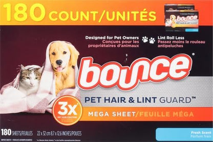 Pet Hair and Lint Guard Fabric Softener Dryer Sheets | Fresh Scent | 3X Pet Hair Fighters | Mega Sheets | 180 Count, Pack of 3