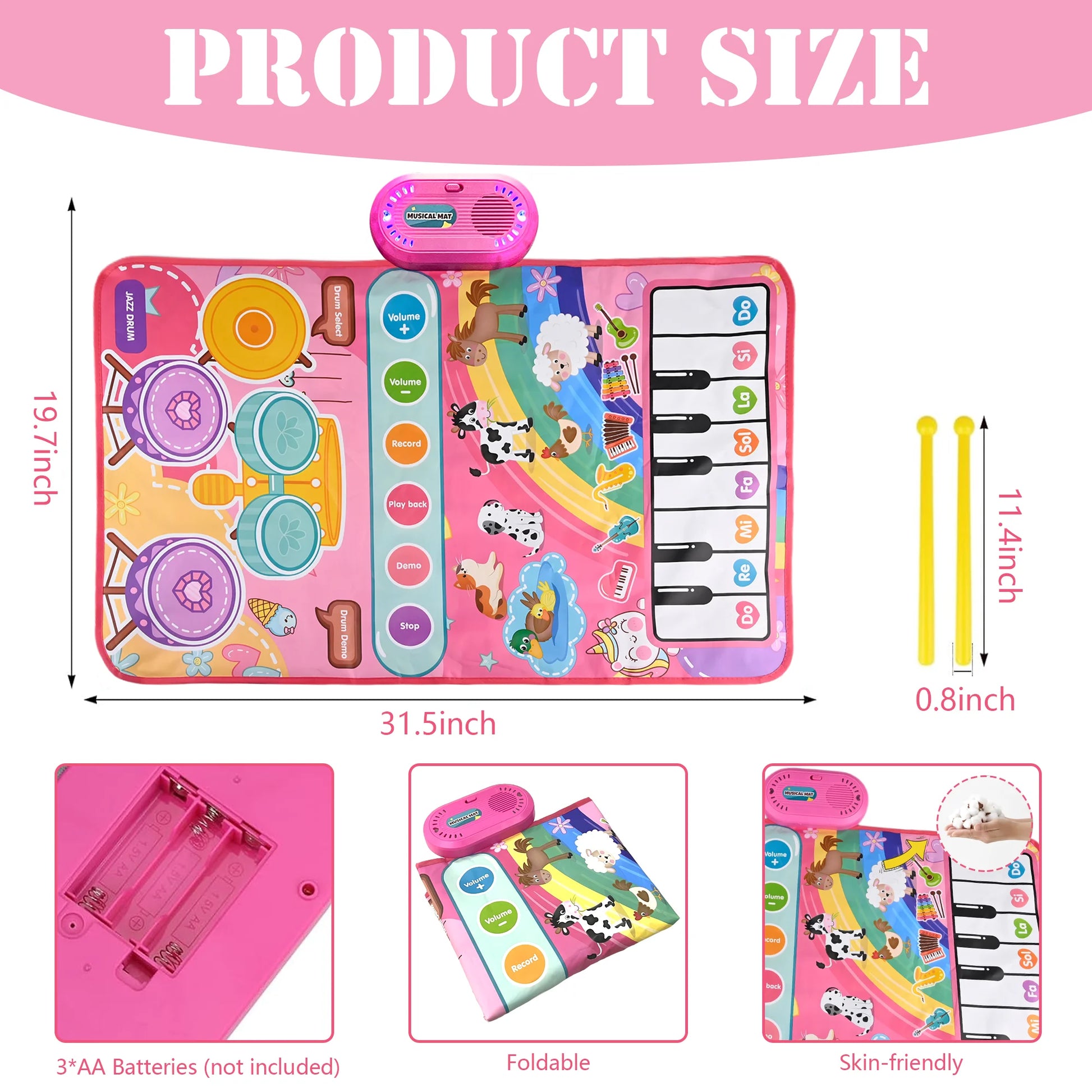 3 in 1 Musical Toys Baby Toys for 1 Year Girls Boys, 12 Month Toy Gift Toddler Piano Drum Mat with 2 Sticks