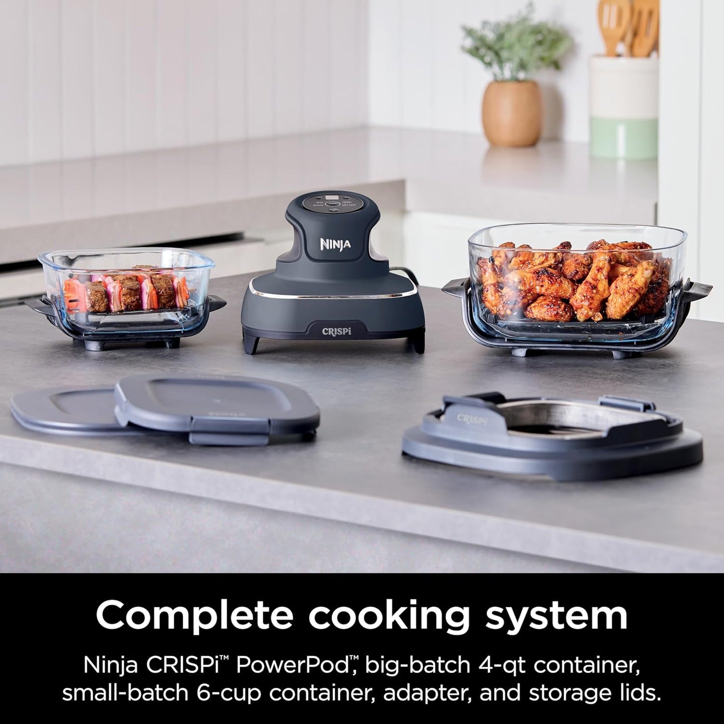 Crispi 4-In-1 Portable Glass Air Fryer Cooking System, 1500W, 4QT & 6-Cup Tempware Glass Containers with Storage Lids, Microwave, Freezer & Dishwasher Safe, Cyberspace Gray, FN101GY