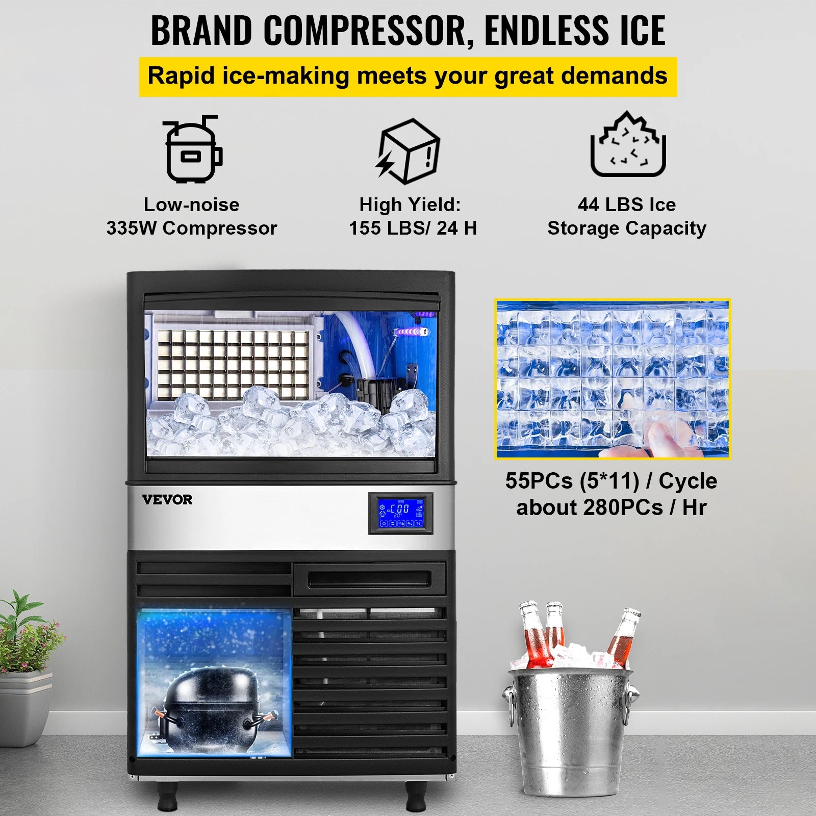 50-70 KG/24H Electric Ice Cube Making Machine Generator Production Stainless Steel Chopper for Restaurants Bars Commercial