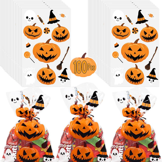 Halloween Treat Bags | 100 Pcs (6” X 9” Inch) |2.5 Mil Crystal Clear Cellophane Bags with Fun Scary Designs | Pumpkins, Witches Cello Bags | Halloween Party Decorations, Spooky Treat Bags