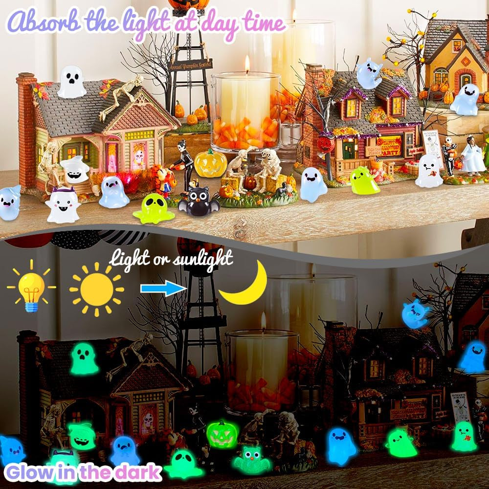32PCS Halloween Luminous Mini Figures - 32 Styles Glow in the Dark Tiny Resin Miniatures - Pumpkin Skull for Party Favors, Bag Fillers, Garden, Dollhouse Decor