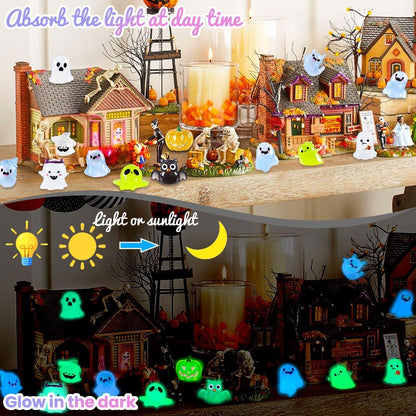 32PCS Halloween Luminous Mini Figures - 32 Styles Glow in the Dark Tiny Resin Miniatures - Pumpkin Skull for Party Favors, Bag Fillers, Garden, Dollhouse Decor