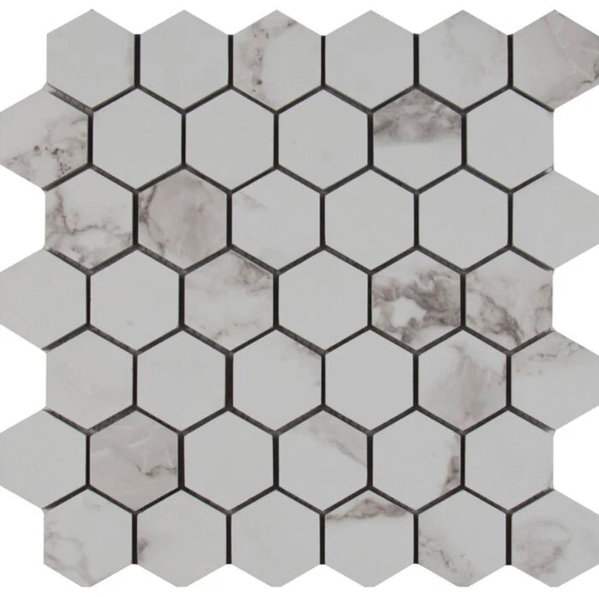 Pietra Statuario 2" Hexagon Porcelain Mosaic Tile - Matte