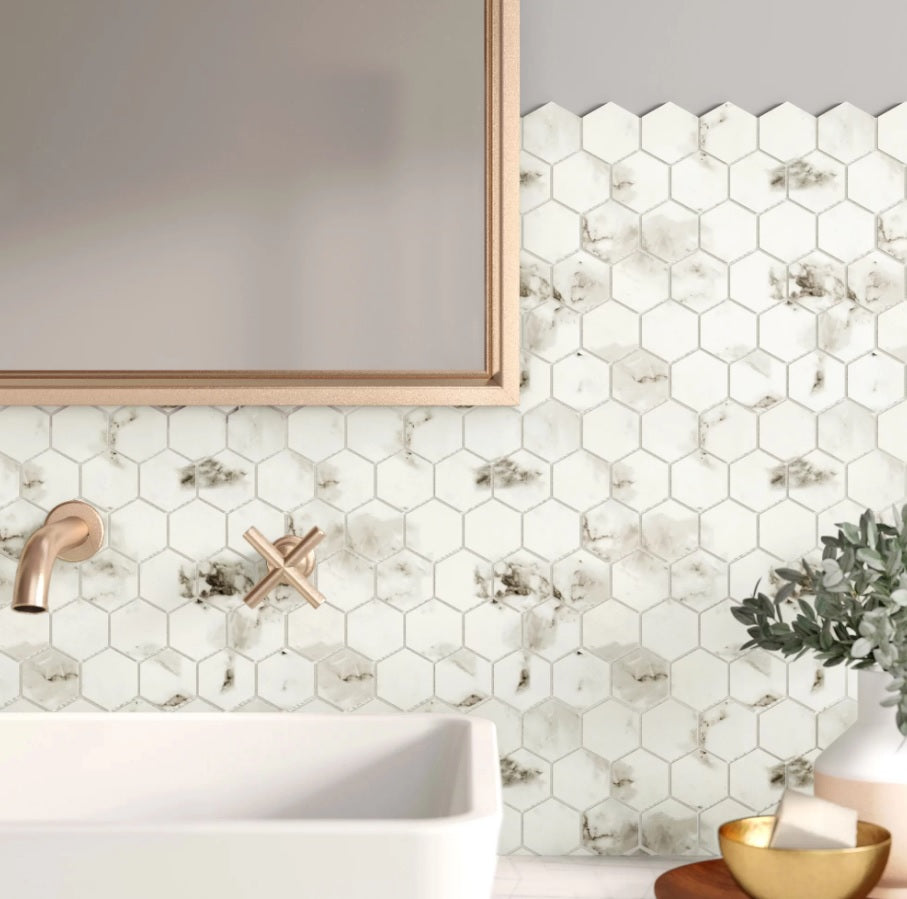 Pietra Statuario 2" Hexagon Porcelain Mosaic Tile - Matte