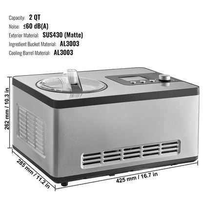 VEVOR Automatic Ice Cream Maker with Built-In Compressor – 2 Qt No Pre-Freeze Fruit & Yogurt Machine, Stainless Steel Electric Sorbet & Gelato Maker (3 Modes, LCD Display & Timer, Silver)