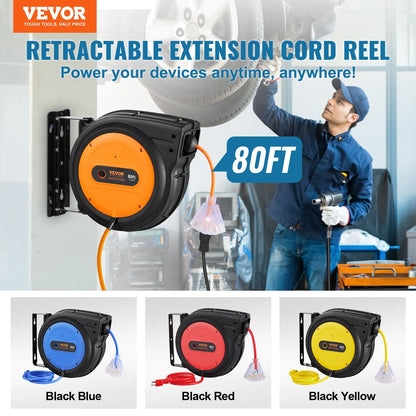VEVOR Retractable Extension Cord Reel 12AWG/3C&14AWG/3CSJTOW Power Cord Reel