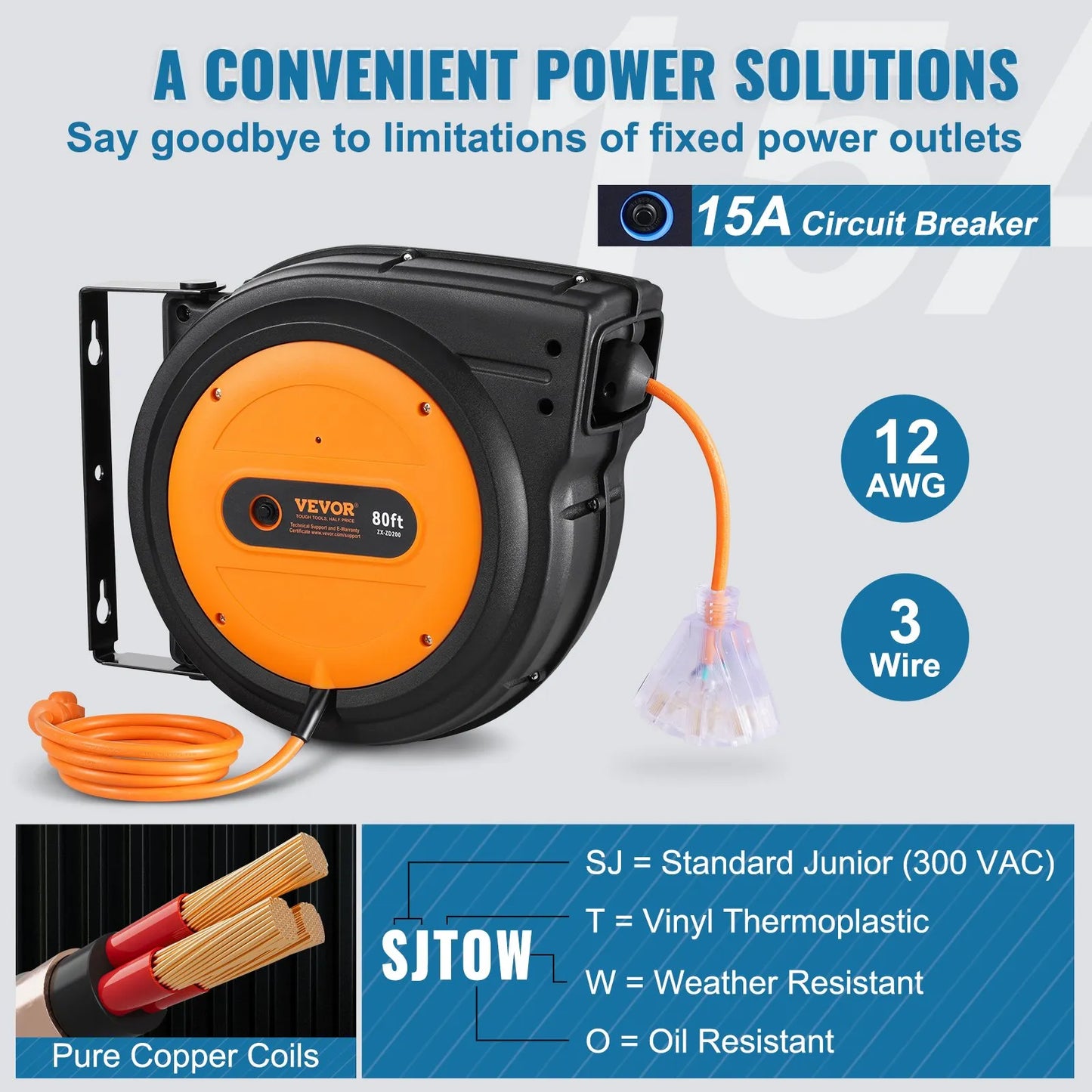 VEVOR Retractable Extension Cord Reel 12AWG/3C&14AWG/3CSJTOW Power Cord Reel