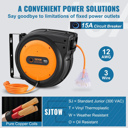 VEVOR Retractable Extension Cord Reel 12AWG/3C&14AWG/3CSJTOW Power Cord Reel