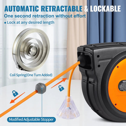 VEVOR Retractable Extension Cord Reel 12AWG/3C&14AWG/3CSJTOW Power Cord Reel