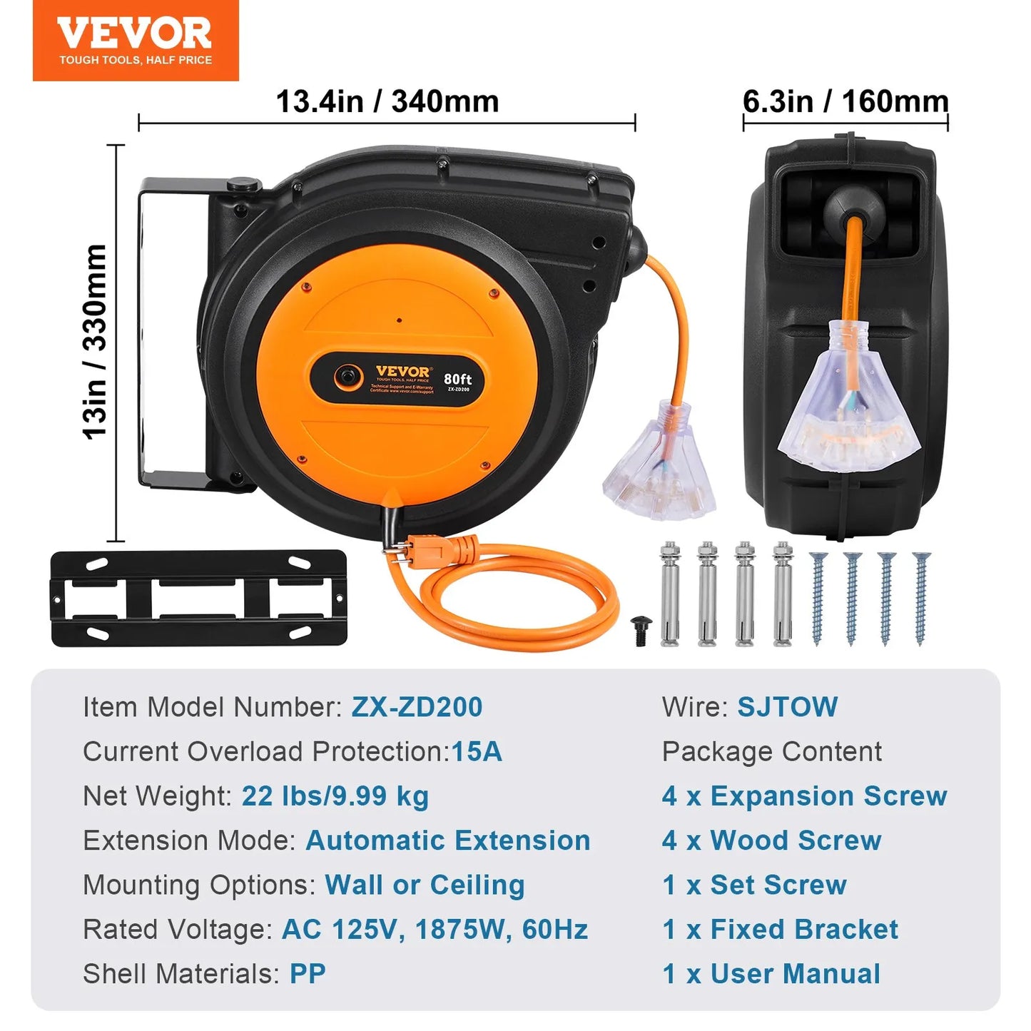 VEVOR Retractable Extension Cord Reel 12AWG/3C&14AWG/3CSJTOW Power Cord Reel